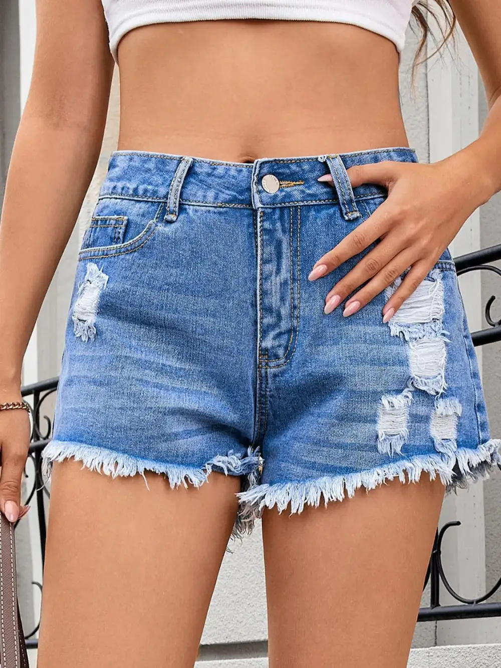 Tailored Distressed Raw Hem Denim Shorts