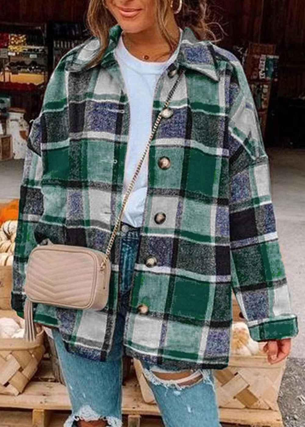 Women's 2023 Fall Clothes Plaid Shacket Jacket Long Sleeve Button Down Flannel Shirts Fashion Blouse