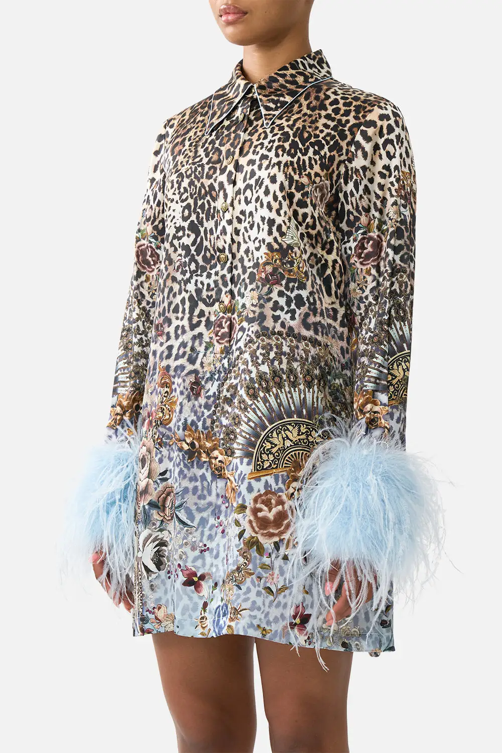 Mini Shirt Dress with Feathers