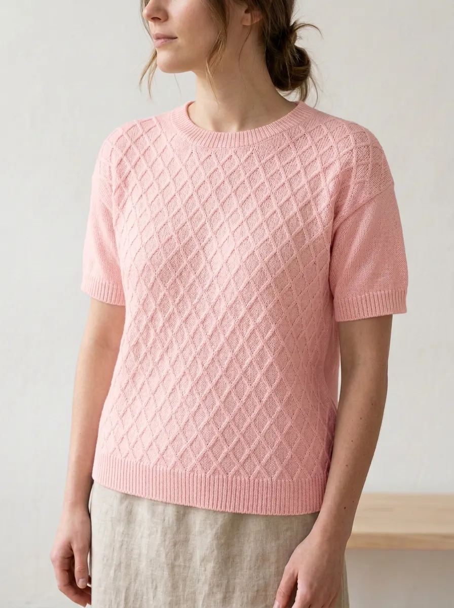 Women's Crew-Neck Diamond-Texture Knit T-Shirt