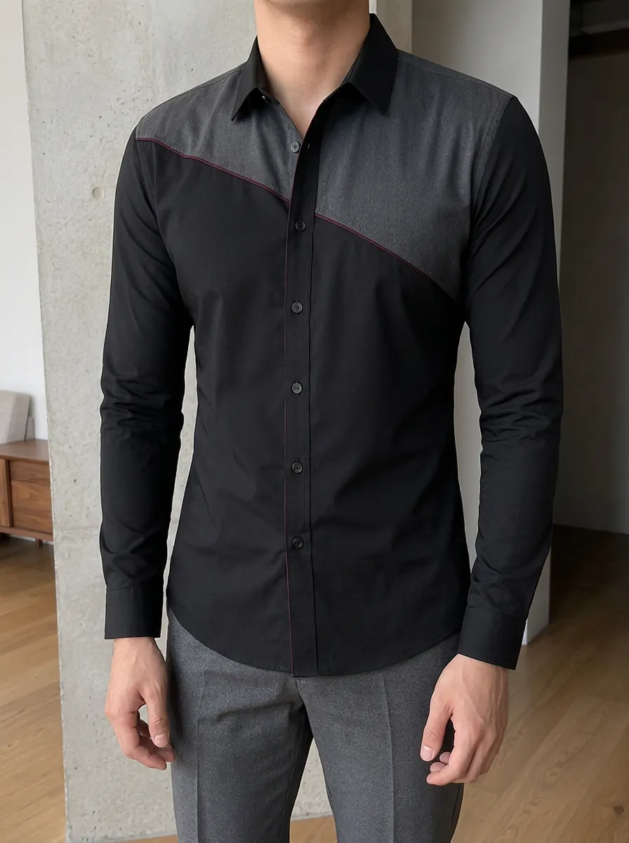 Men's Slim Fit Colorblock Patchwork Long Sleeve Shirt