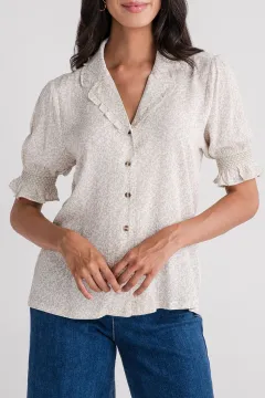 Print Smocked Sleeve Button Down Blouse - Ivory/Sage