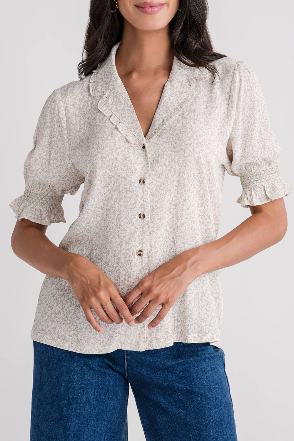 Print Smocked Sleeve Button Down Blouse - Ivory/Sage