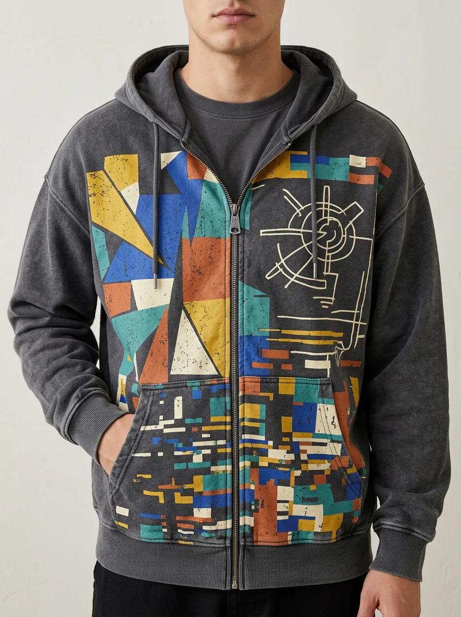Men's Abstract Geometric Art Pattern Printed Zip Up Hoodie