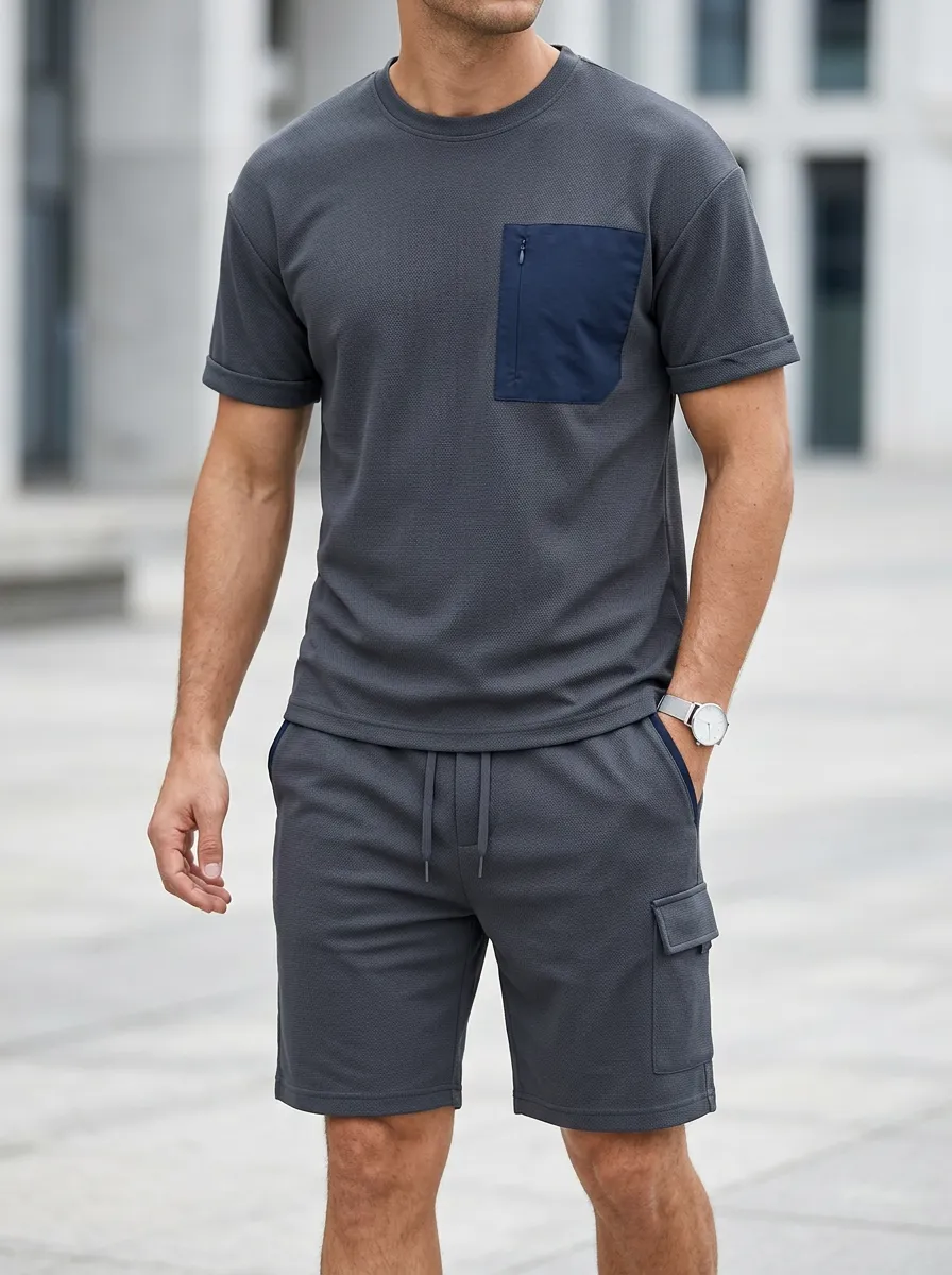 Everyday Textured Detail Design Men's T-Shirt And Shorts Set