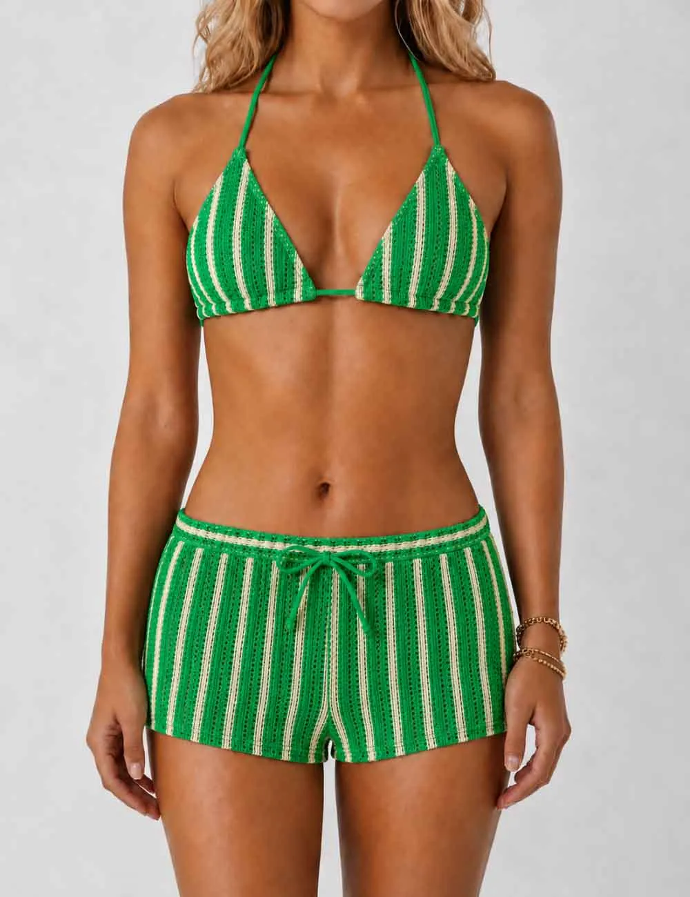 Crochet Triangle Three Piece Bikini Set with Cover Up Shorts