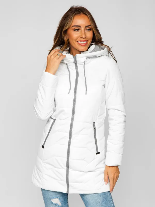 white women's long quilted winter jacket with hood