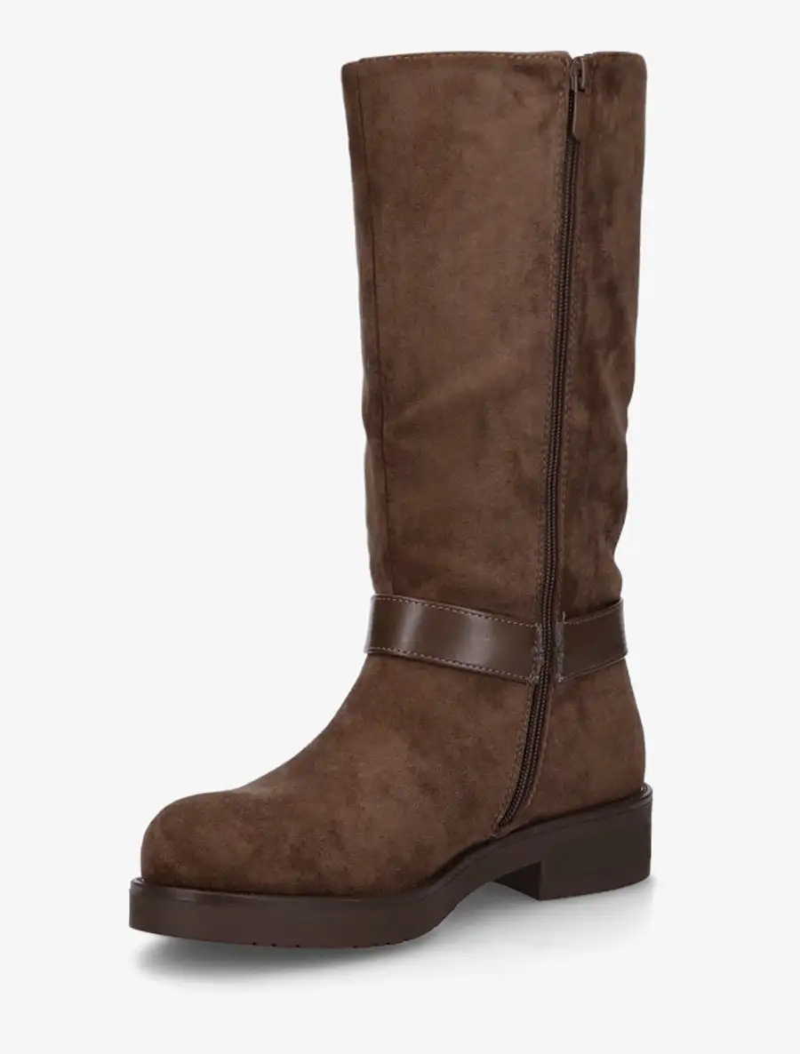 Modern Strap Detail Block Heel Faux Suede Knee High Boots