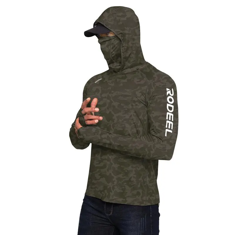 Sun Hoodie Shirt w/ UV Detection Mask Neck Gaiter Thumbhole Men UPF 100+ Sun Protection Raglan Long Sleeve Lightweight Quick Dry Moisture Wicking Breathable Cooling Athletic Activewear for Outdoor Hiking Fishing Construction Roofing Landscaping