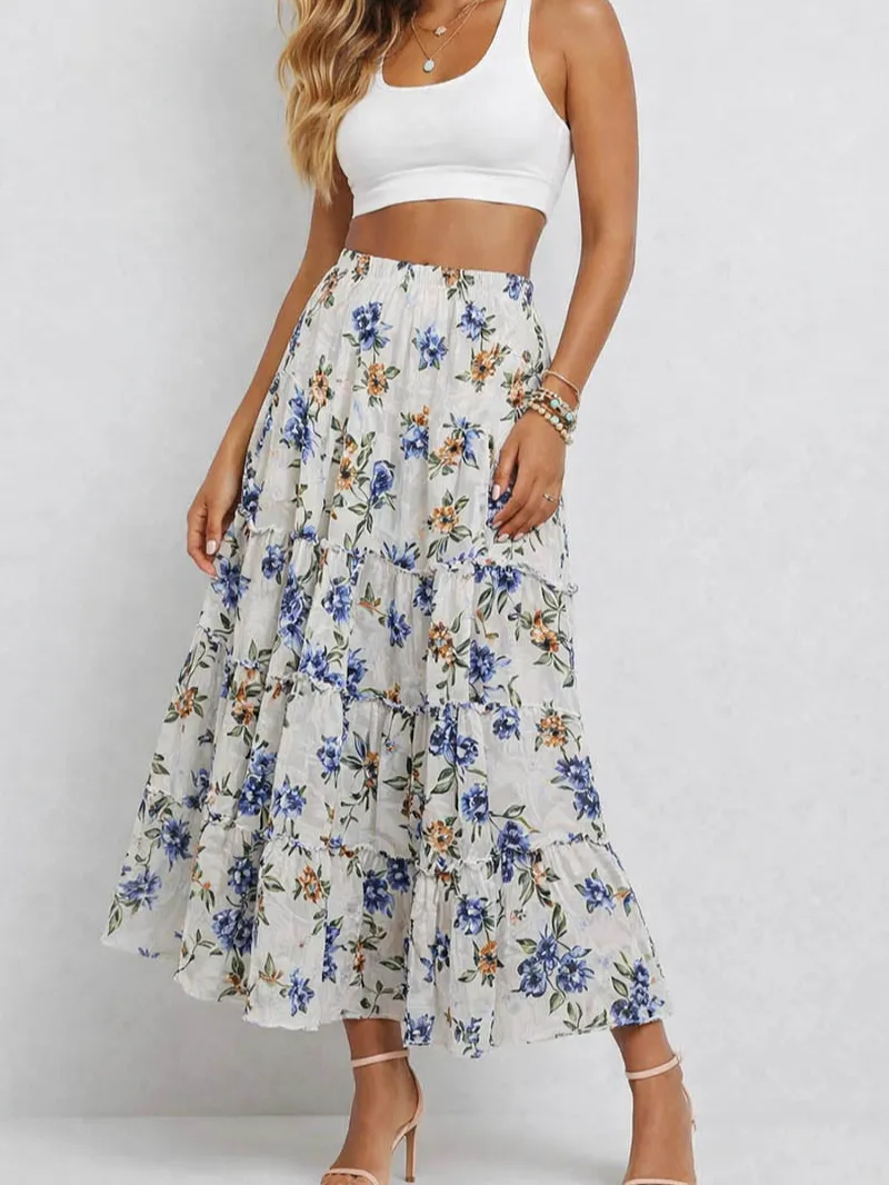 Tiered Ruffle Elastic Waist Maxi Skirt