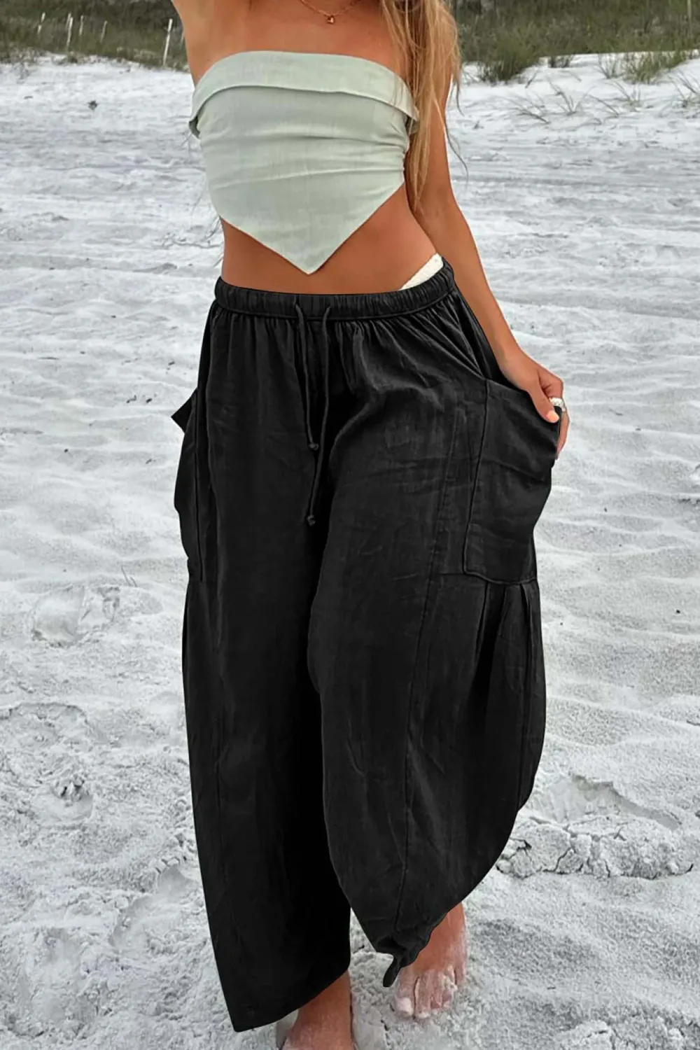 Drawstring Pocket Wide Leg Pants