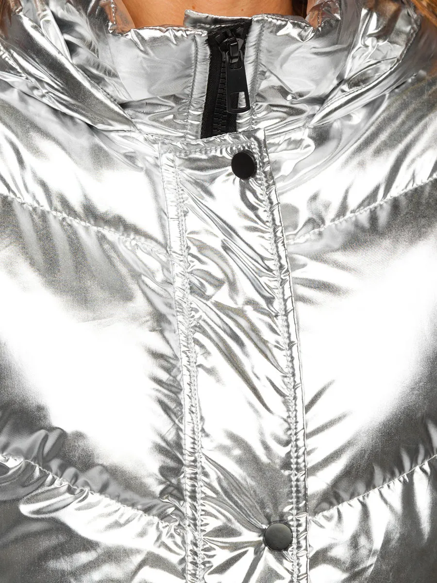 Women's Silver Quilted Winter Jacket With Hood