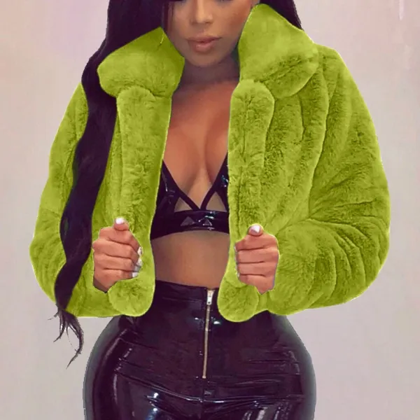 Z2-Green Faux Fur Coat Women with Hood Cropped Bubble Coats Fleece Short Warm Jackets Plus Size Winter Coats for Women