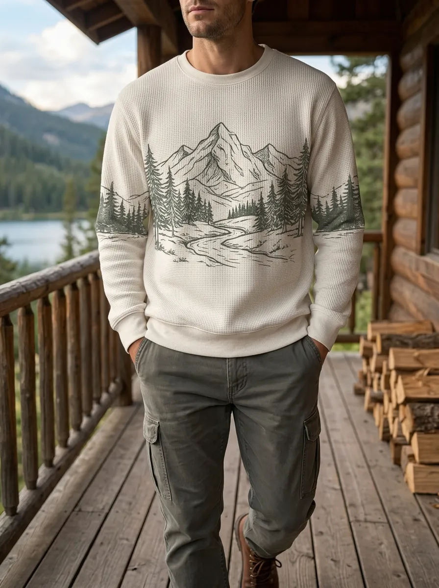Men's Off-White Mountain Graphic Printed Waffle Crewneck Sweatshirt