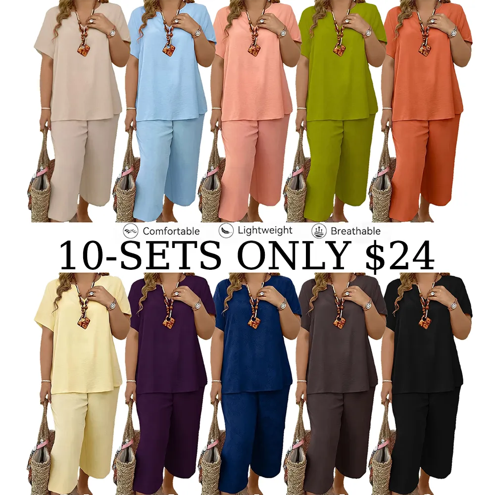Women's Short Sleeve Fashion Top & Casual Wide Leg Pants Set