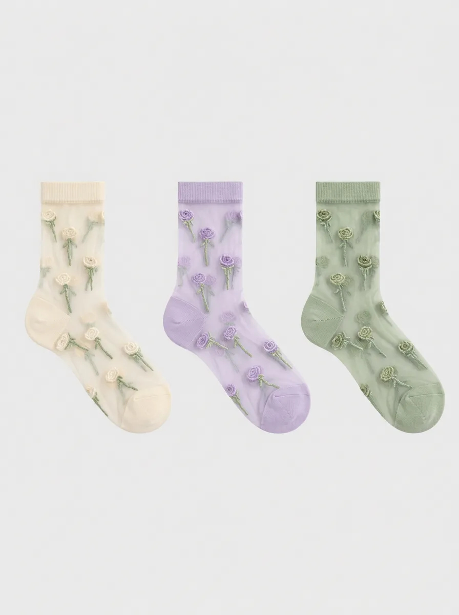 Women's Pastel Floral Embroidered Sheer Crew Socks 3-Pack