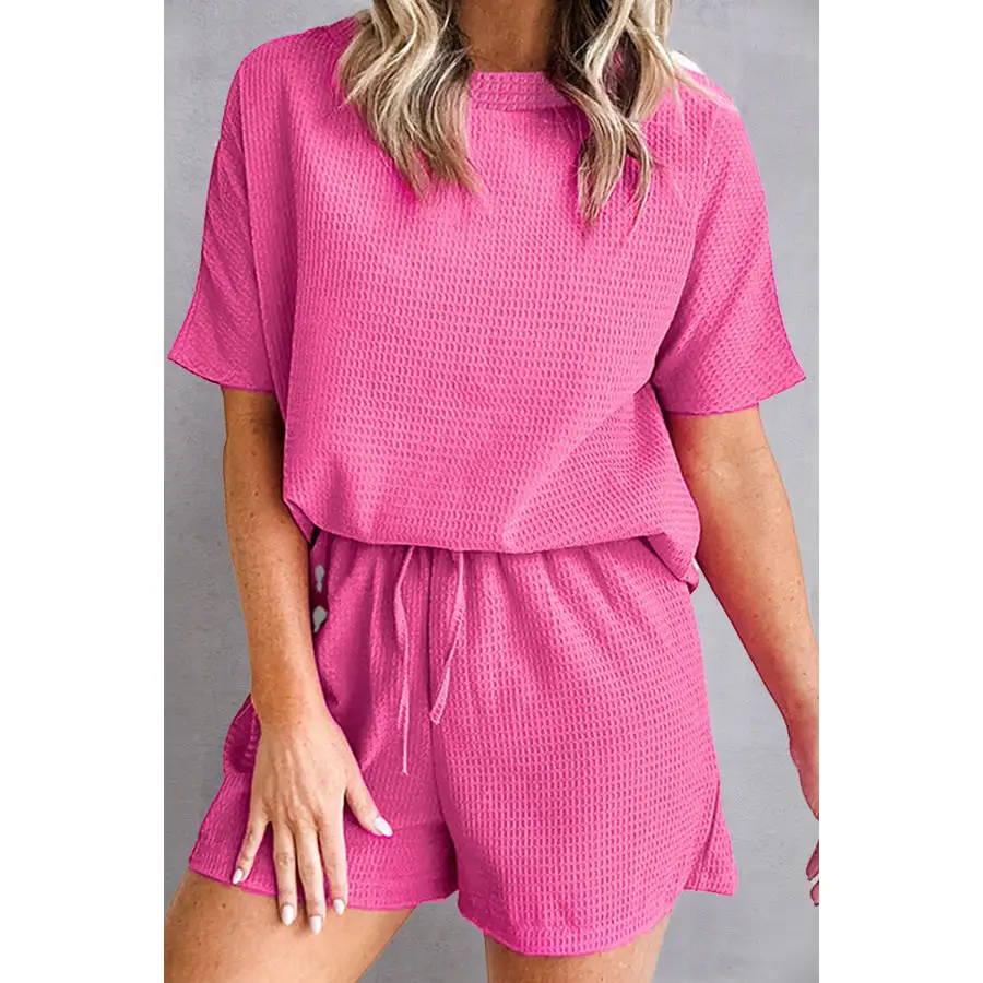 Waffle Knit Round Neck Top and Shorts Set