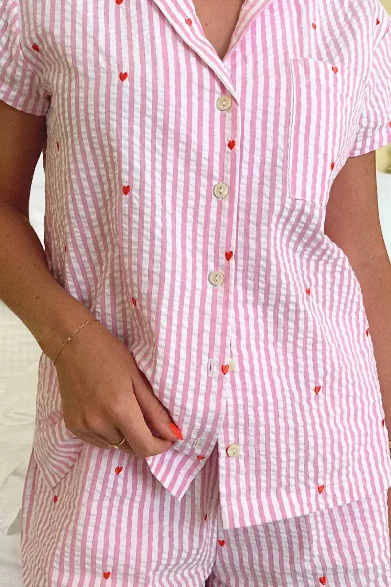 Striped Heart Short Sleeve Top and Shorts Lounge Set