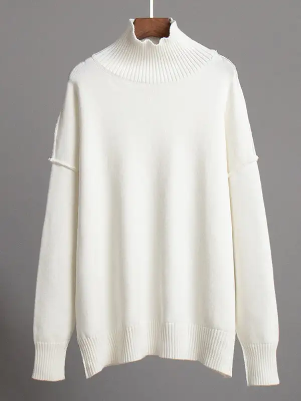Paneled High Neck Long Sleeve Relaxed Fit Easy Fit Pullover Sweater