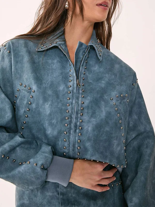 Lady'S Distressed-Style Rivet Leather Short Jacket