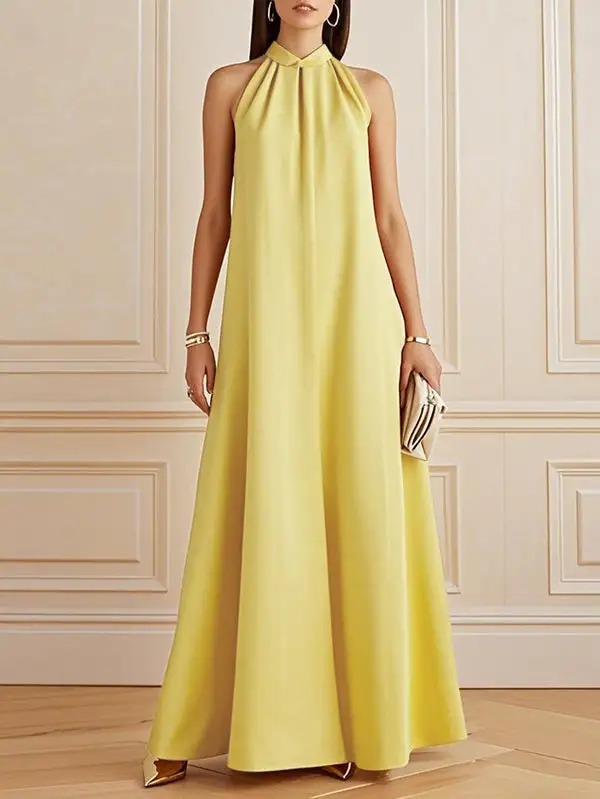 Loose Mock Pleated Neck Maxi Dress