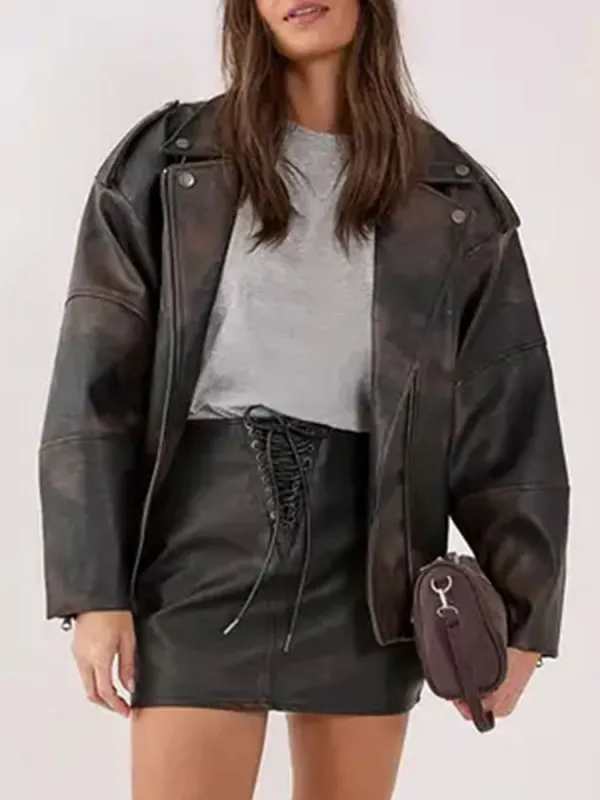 Women's Black Leather Front-Lace Mini Skirt
