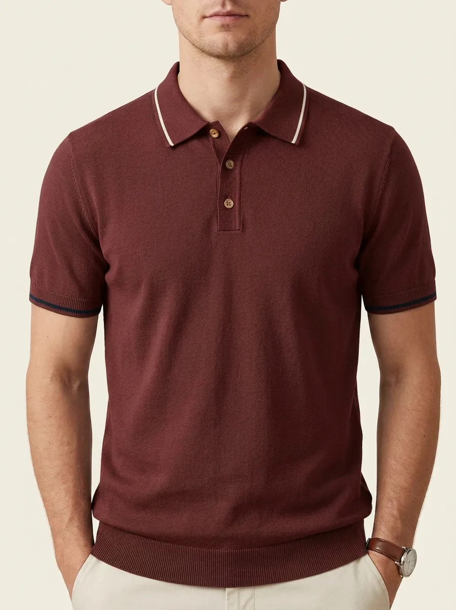 Men's Olive Green Contrast Trim Knitted Polo Shirt