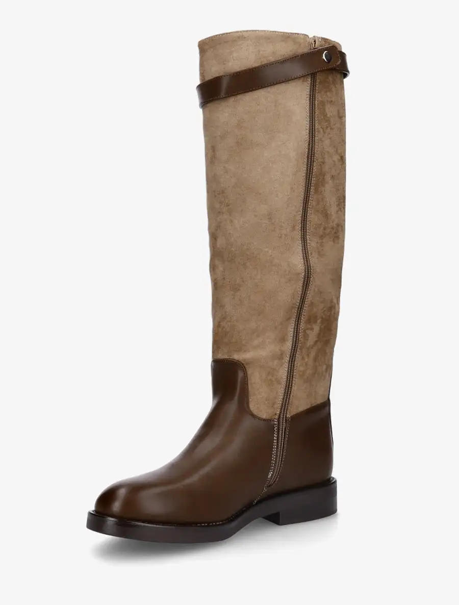 Buckle Detail Block Heel Faux Suede Faux Leather Knee High Boots
