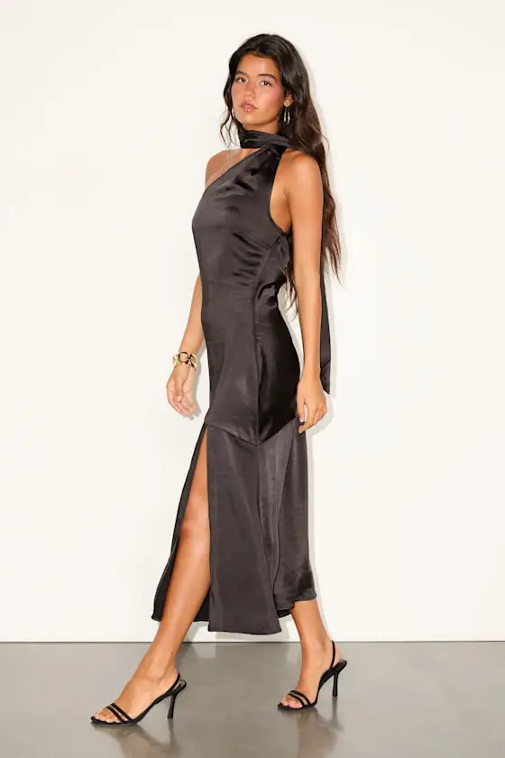 Reglan Blue Satin One-Shoulder Sash Midi Dress