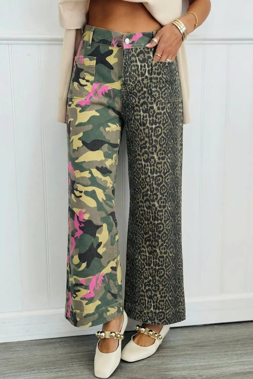 Camo Contrast Leopard Patchwork Jeans