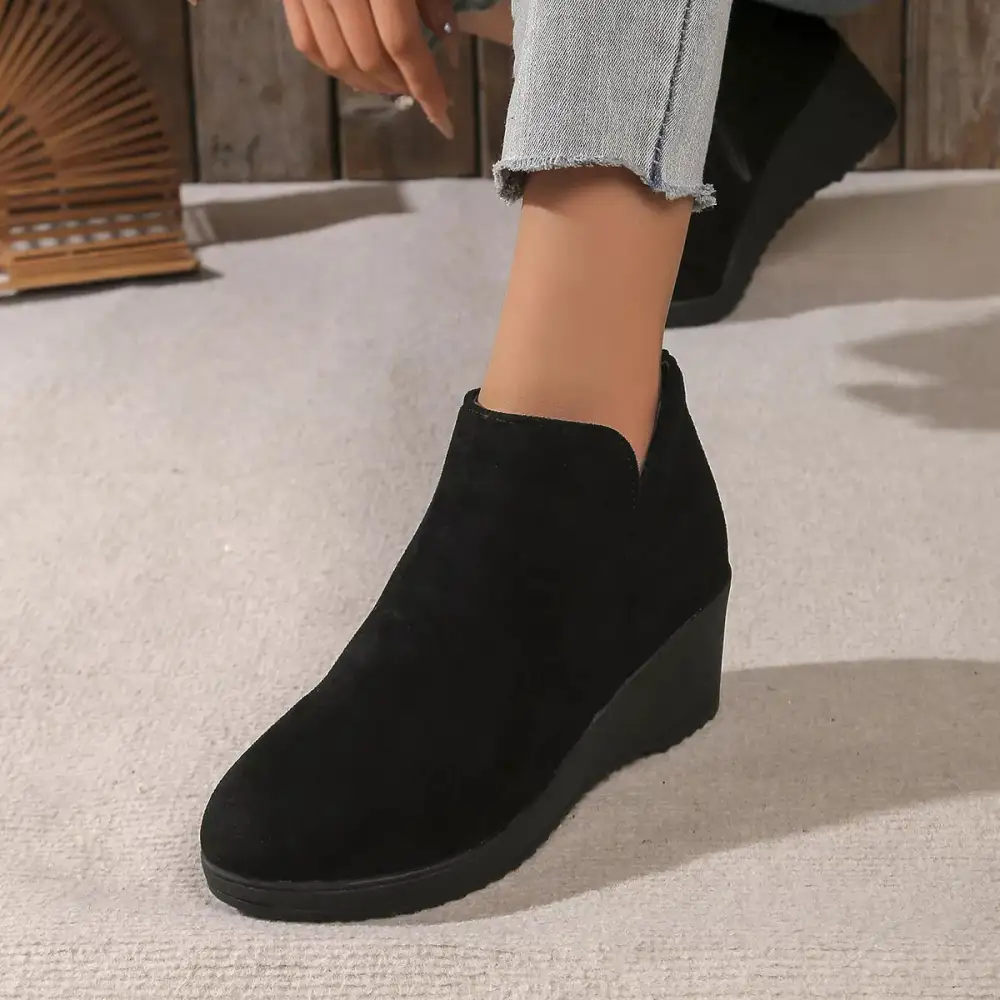 Textured Round Toe Wedge Ankle Boots
