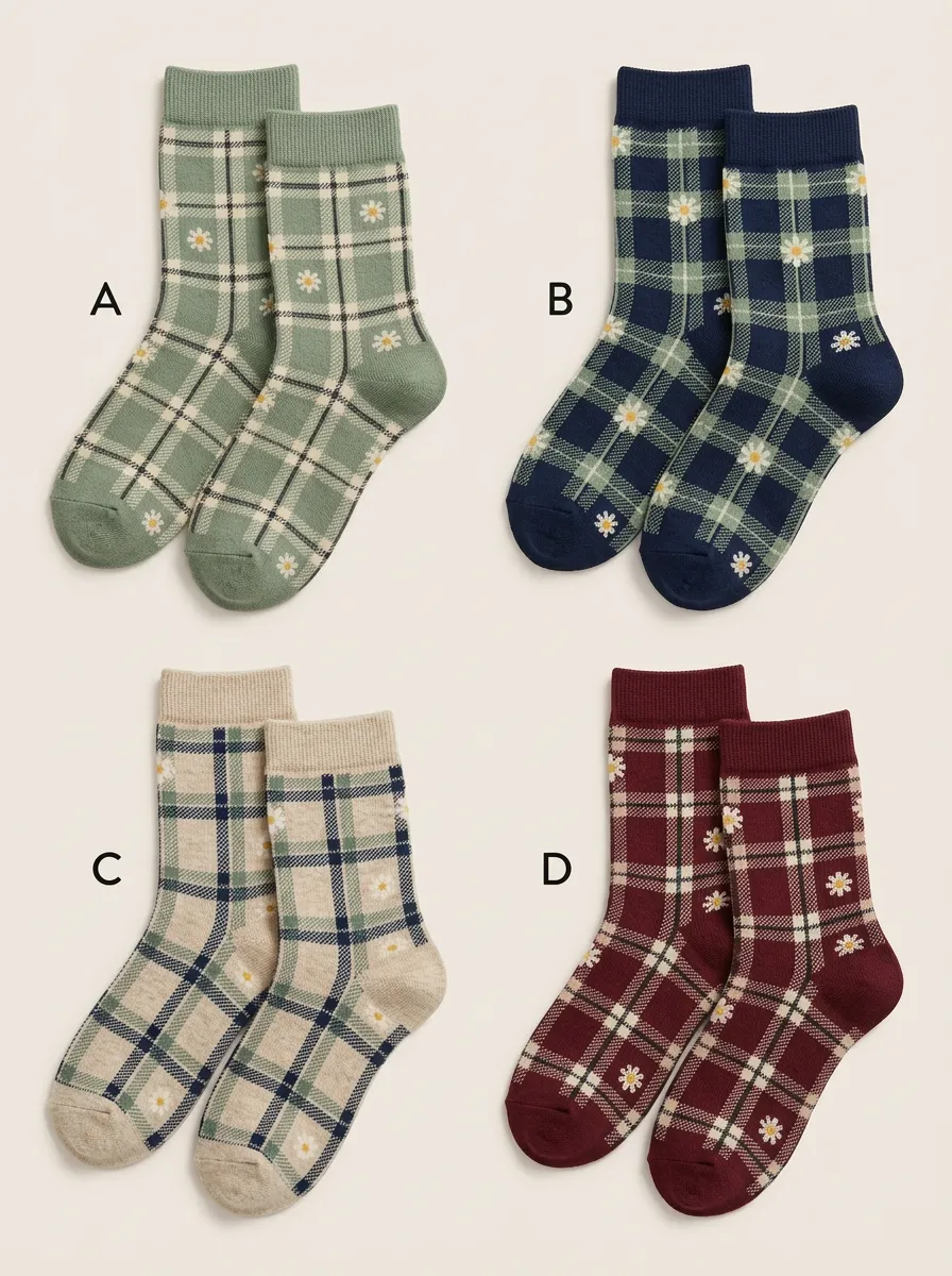 Women's Plaid Daisy Ribbed Crew Socks Four Pair Set