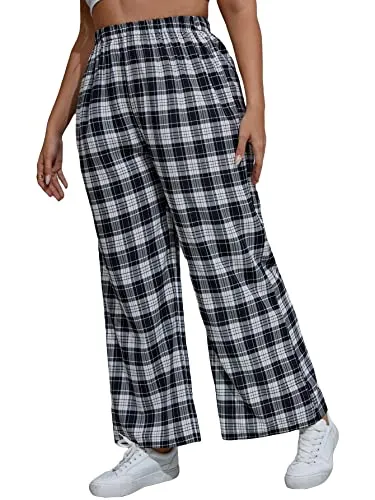 Women's Plus Size Casual Plaid Elastic High Waist Wide Leg Pants