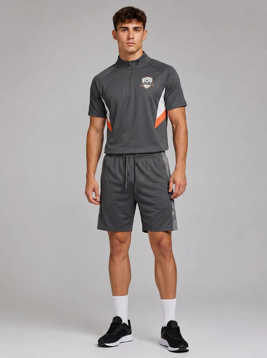 Men's Soccer Sports Club Graphic Printed Quarter-Zip Shorts Set
