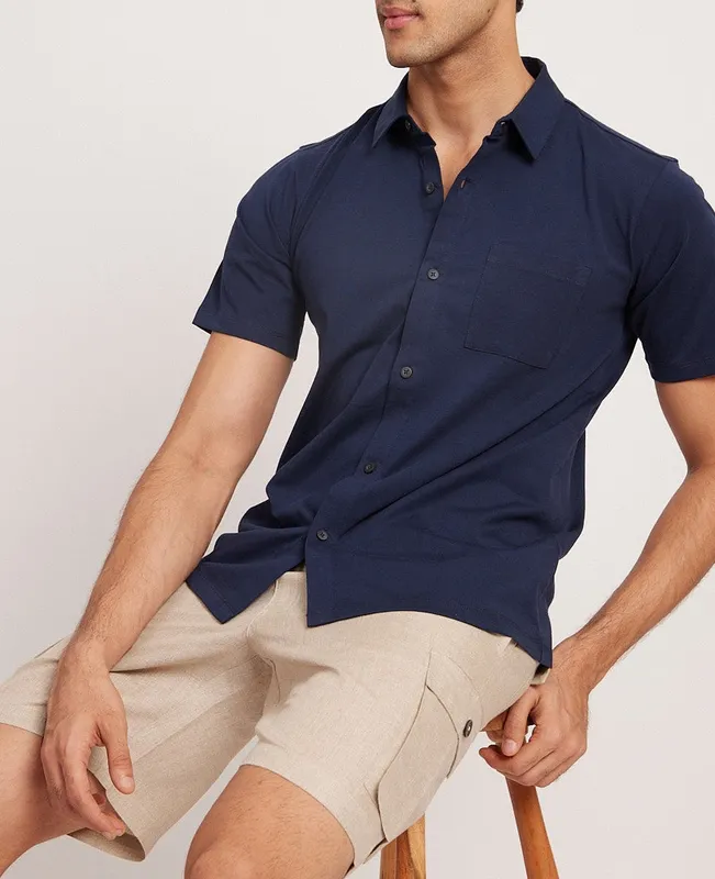 Deep Blue Short Sleeve Linen Shirt