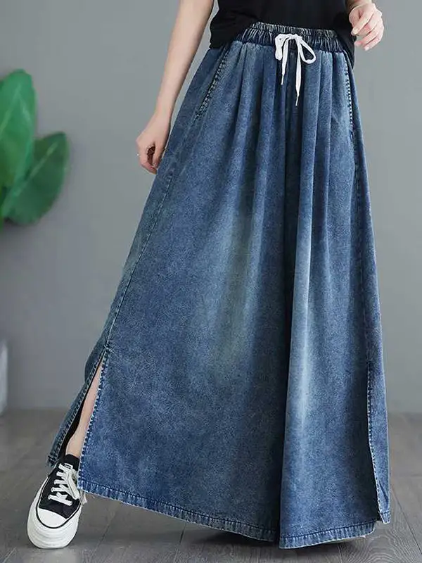 Relaxed Fit Wide Leg Side Split Drawstring Jeans