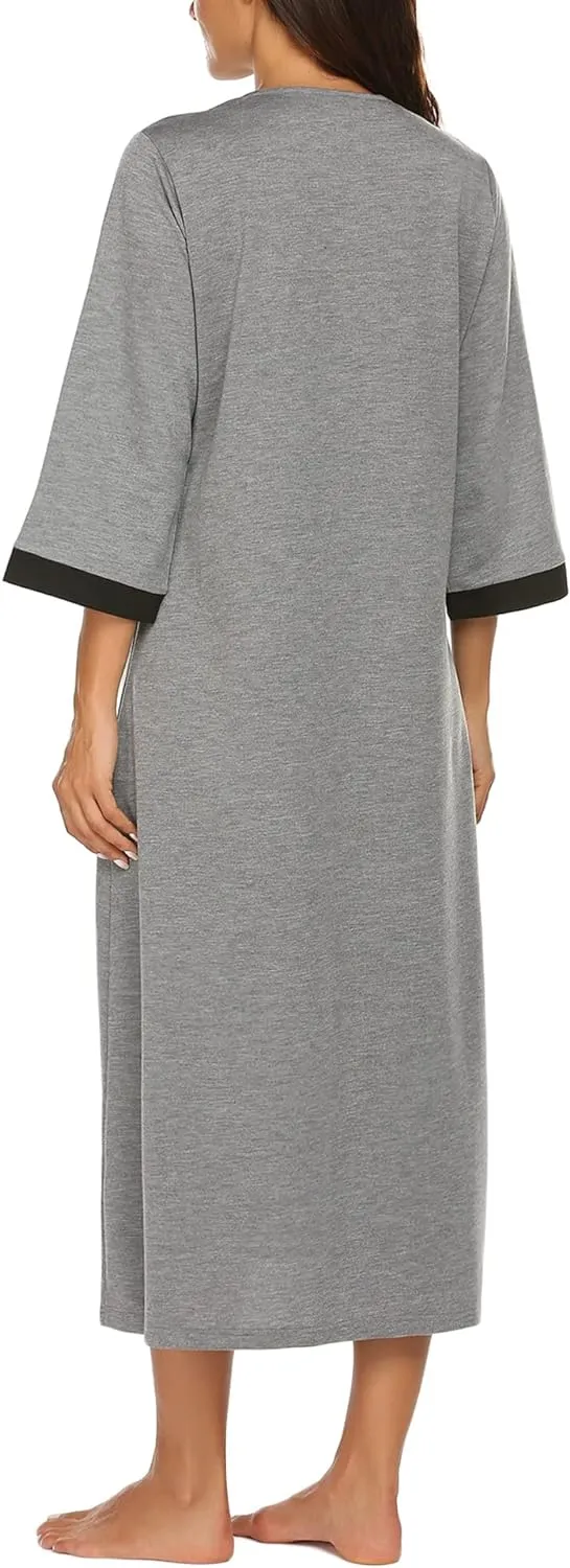 50% OFF Women Zipper Robe 3/4 Sleeves Loungewear Dress Full Length Sleepwear Pockets Housecoat Nightgown Long Bathrobe