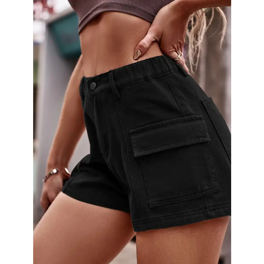 Textured High Waist Denim Shorts with Pockets
