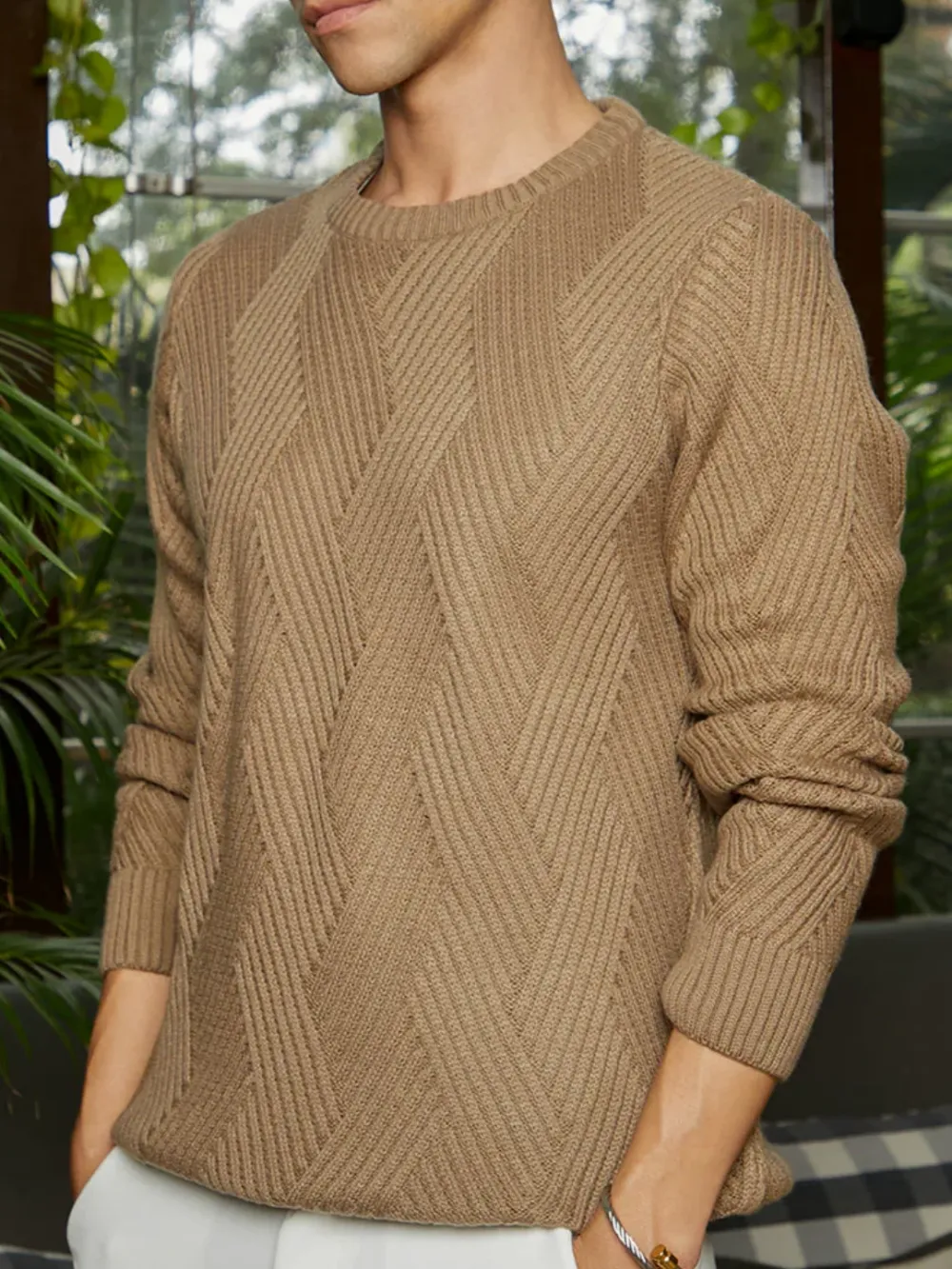 Brown Basket Knit Pullover Sweater