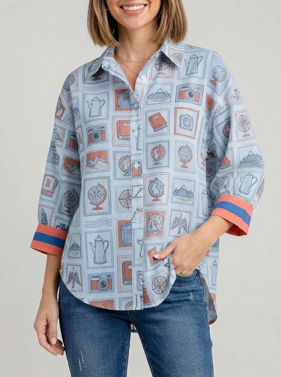 Women's Travel Lover Vintage Stamp Pattern Printed Shirt