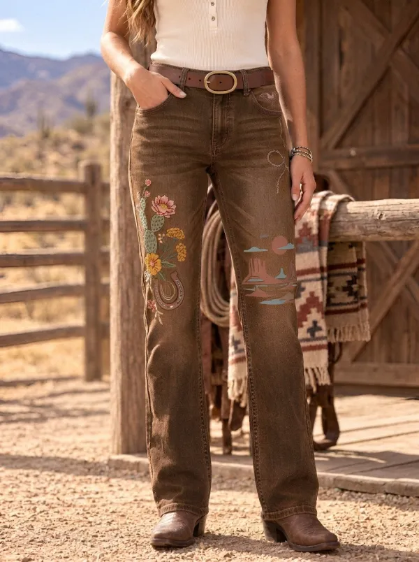 Women's Western Horseshoe Horse Cactus Desert Landscape Jeans