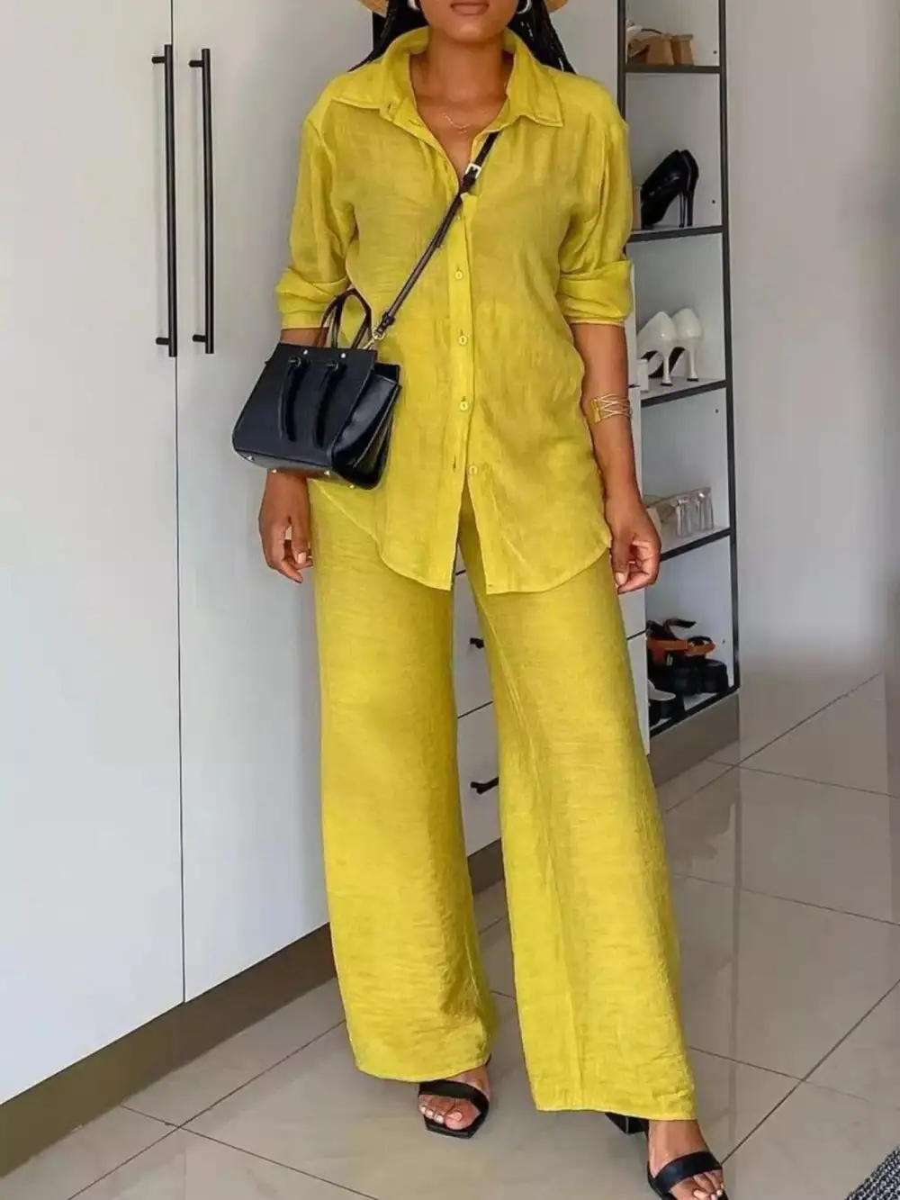 Tie-front Top and Wide Leg Pants Set