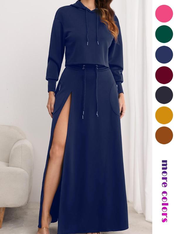 Women'S Solid Drawstring Hoodie & Split Thigh Skirt Set, Long Sleeve Top & Pocket Long Skirt, Casual Fashion Cozy Co-Ord Set, Women Clothes