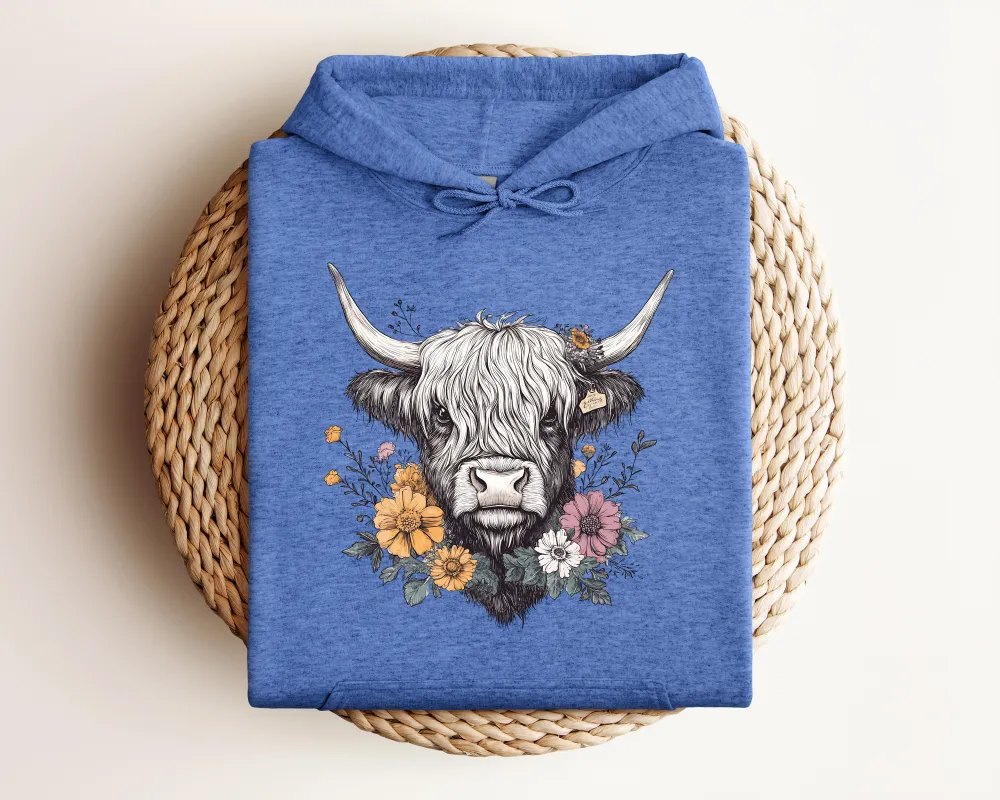 Highland Cow Floral Graphic Pullover Hoodie