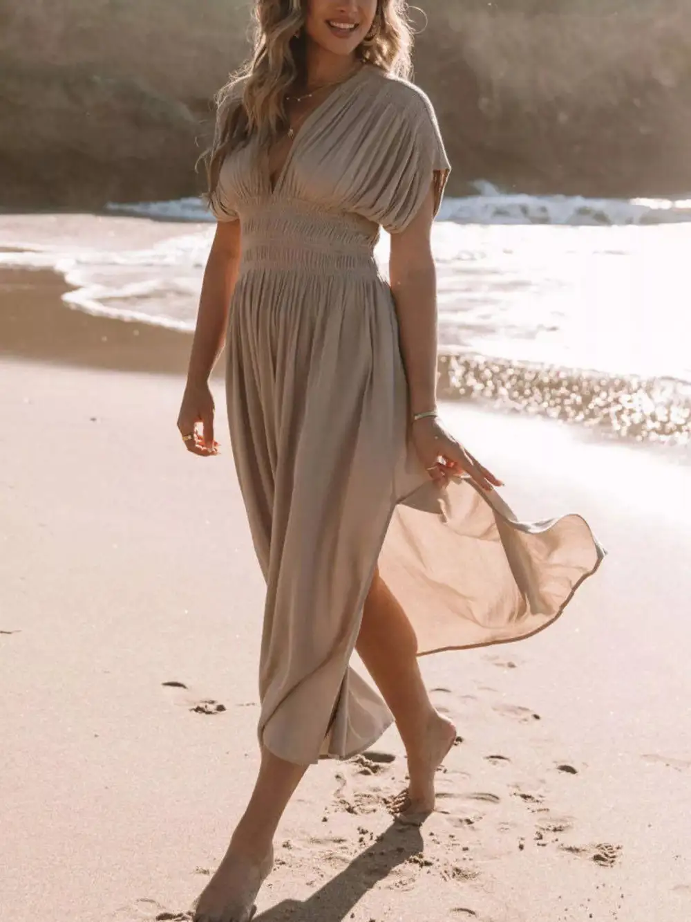 V Neck Smocked Slit Maxi Dress