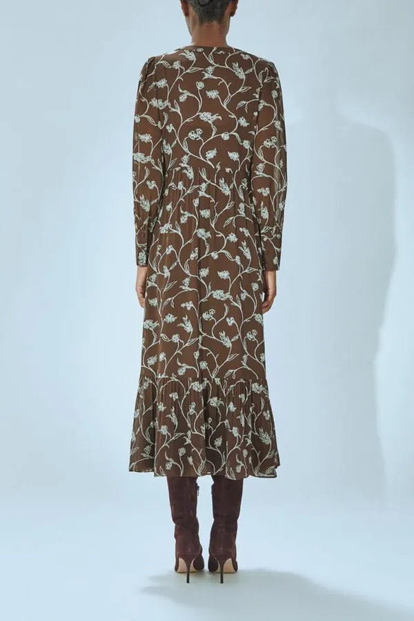 Brown Floral Print Long Sleeve Midi Dress