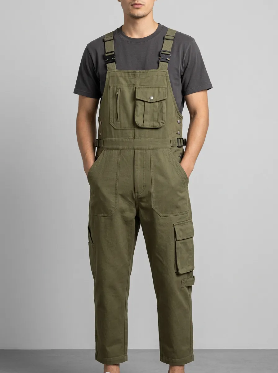 Men's Military Style Olive Green Multi-Pocket Cargo Overalls