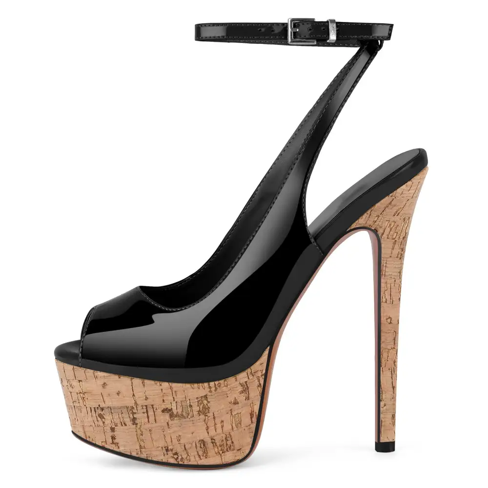 Patent Finish Peep Toe Platform Stiletto Ankle Strap Pumps
