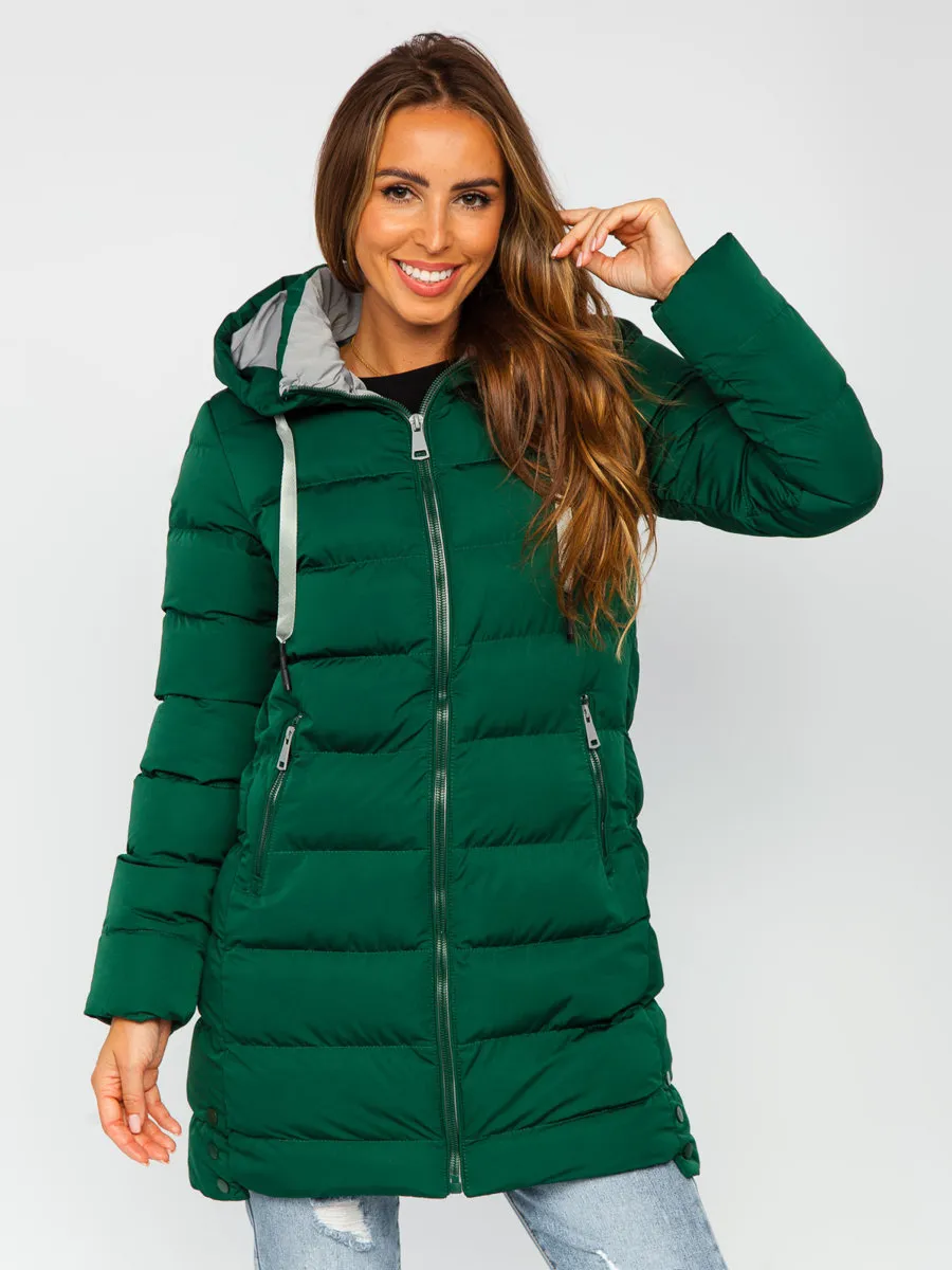 Green Women's Long Quilted Winter Jacket With Hood