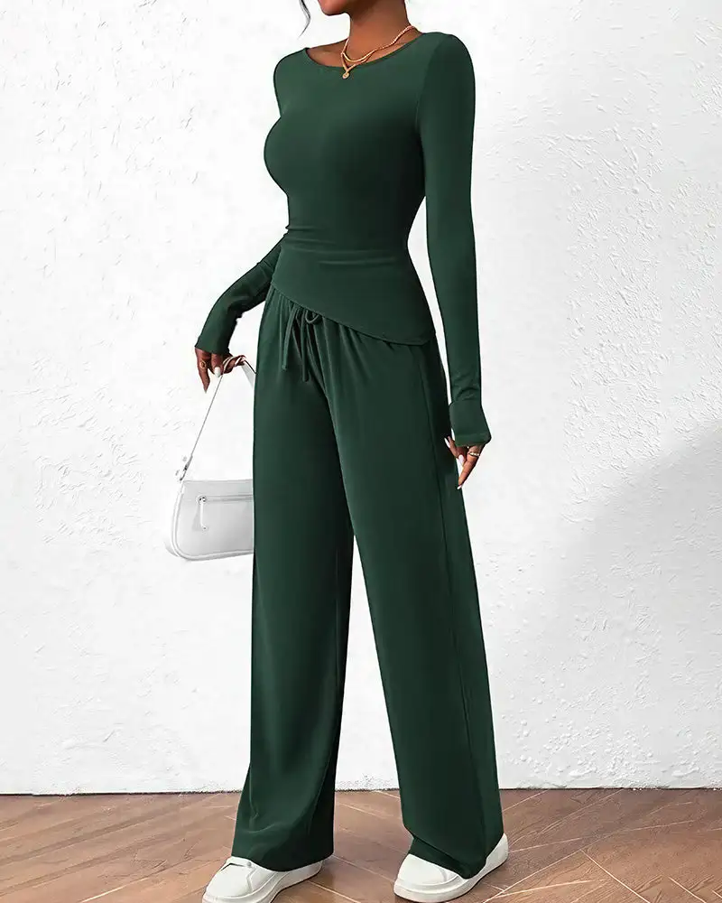 Asymmetrical Long Sleeve Top and Wide Leg Pants Lounge Set